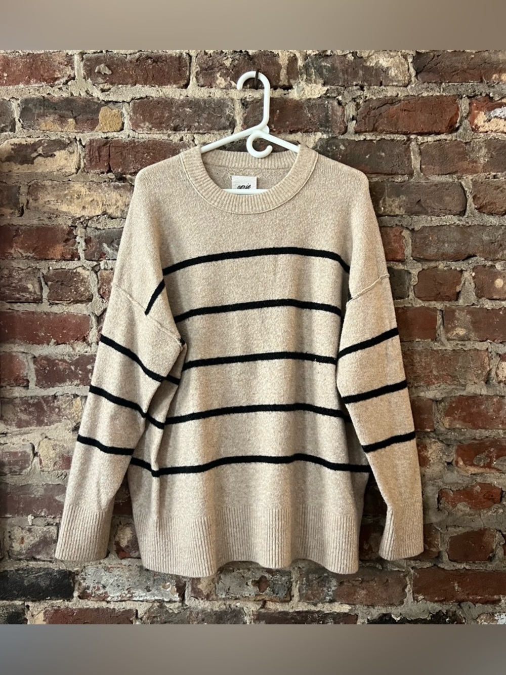 aerie Beige crewneck sweater with Black Stripes